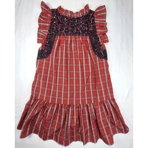 J Marie Red Plaid Embroidered Ruffle Midi Dress Pockets Womens Small